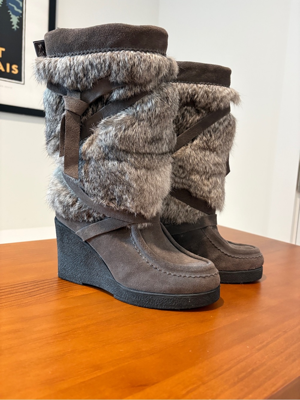 Muks London Gray Suede Rabbit Fur Wedge Mid-Calf Boots Women's US 5 EU 36 NWOT